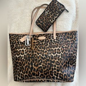 Coach Leopard Cheetah Tote Bag Purse with Matching Long Zip Around Wallet